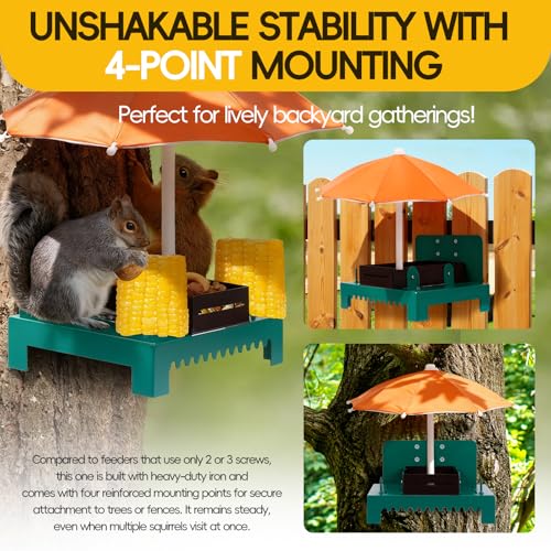 Heavy Duty Metal Squirrel Feeder Picnic Table with Umbrella - Rustproof Corn Cob Holder & Chipmunk Feeder for Tree/Fence, Funny Gift for Squirrel Lovers.(Orange) - color: ORANGE