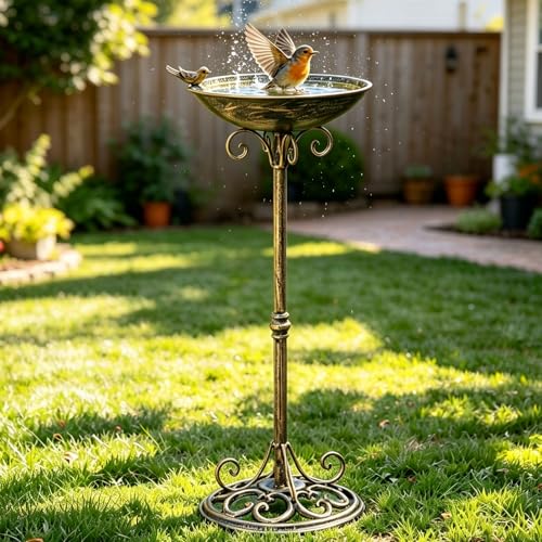 11.4" W*27.6" H Cast Iron Pedestal Bird Bath, Bird Baths for Outdoors | bird bath for outside,Bird feeder,Seed Tray Garden Yard Decoration,Outdoor garden terrace decoration（Antique Bronze） - color: Vintage Gold