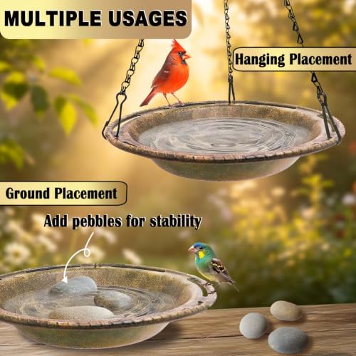 Hanging Bird Bath & Feeder Bowl, 12 in, Antique Bronze Look | Weather-Resistant PP, Backyard Garden Decor - color: Bronze