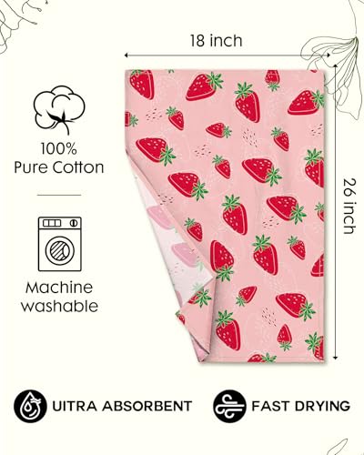 150GSM Flour Sack Kitchen Towels Set of 2, Line Strawberry | 18"x26", Lightweight, Lint-Free, Pure Cotton, Decorative, with Hanging Loop, Absorbent, Softer after Wash, Giftable Package - color: Line Strawberry