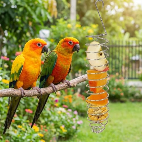 2 Pcs Spray Millet Treat Holder with Chains, Stainless Steel Bird Foraging Feeder Toy, Hanging Fruit Vegetable Basket for Parakeet Cockatiel Conure Macaw Parrot Cage Accessories