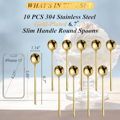 Long-handled Mirror-Finish Small Round Stainless Steel Spoon, Suitable for Scooping Bird's Nest, Honey, Coffee, Milk Powder, Sugar, Cocoa Powder and Other Foods & Desserts (10pcs 6.7", Gold-Plated) - size: 6.7in, style: 10Pcs Gold-Plated