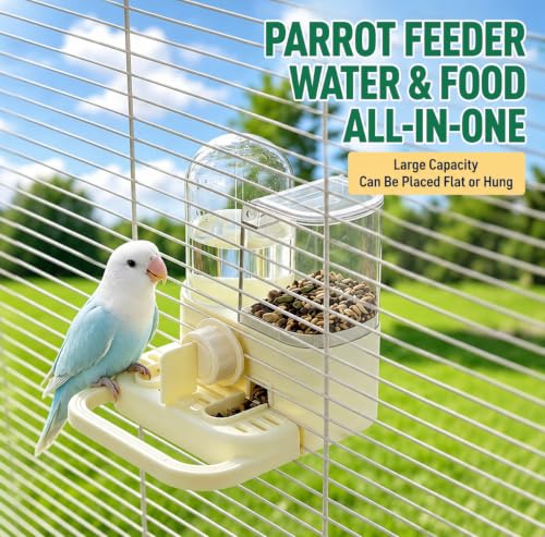 2-in-1 Automatic Bird Feeder and Water Dispenser, 250ml Gravity Water Station & 300g Seed Feeder for Cage Birds, No-Spill Feeding System for Budgies, Parakeets, Finches and Small Birds