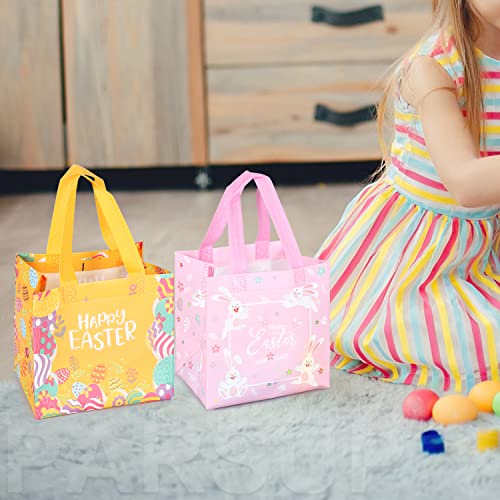 16PCS Happy Easter Egg Hunt Bags Easter Bunny Carrot Chick Egg Gift Bags with Handles, Easter Treat Bags, Easter Party Supplies , 8.3×7.9×5.9inch - color: Pink Green Orange Blue