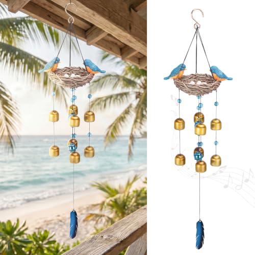 Wind Chime for Outside, Blue Bird Resin Wind Bells for Garden Decor | 27.5" Wind Chimes Outdoor with Resin Blue Bird Statues and 8 Metal Bells, Soothing Tone Wind Bell Chimes, Housewarming Gifts - size: Birds
