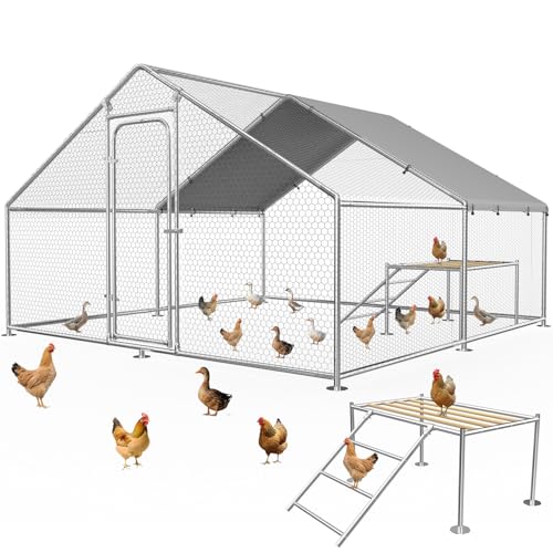 Large Metal Chicken Coop with Roosting Ladder and Cover | Spire roof outdoor chicken run with waterproof UV-resistant cover, designed for chickens, ducks and rabbits - size: 157.5"L x 118.1"W x 77.2"H