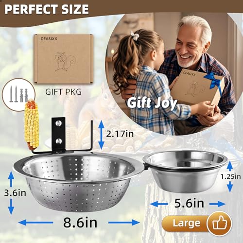 2-Hoop Squirrel and Bird Feeder, Cute Metal Colander Feeders Outside Tree Mounted, 8.6" Drainage Feed+2 Corn Cob Holder for Dry Food, 5.6" Solid Bowl for Water/Bath-Squirrel Feeders for Fence - size: 2-Hoop - 14.1" Length