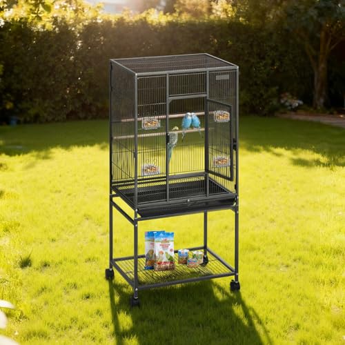 VEVOR Bird Cage, 24.6 x 16.7 x 53.9 inch, Flat Top, Wrought Iron Bird Flight Cage with Perches, Slide-Out Tray and Plastic Feeders, Casters, for Parrot, Blue Tit, Cockatiel, Canary, Budgerigar, Conure | for Cockatiel Canary Conure, 0.4" Bar Spacing Suits