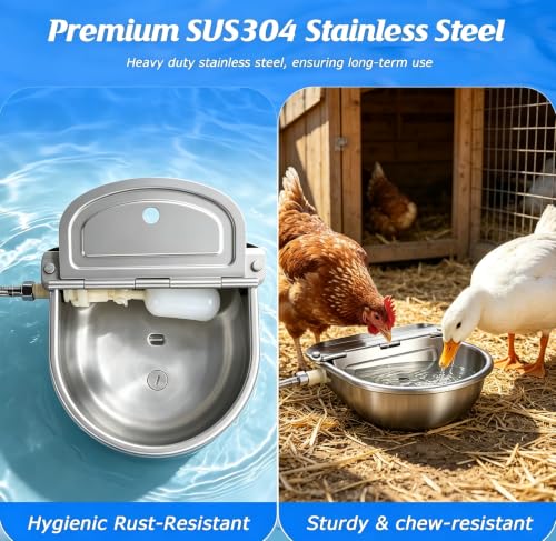 Automatic Chicken Waterer Stainless Steel with Drainage Hole | with Float Valve, Extended Pipe, Replacement Valve, Outdoor Auto Self Filling Water Bowl for Chicken,Duck,Poultry