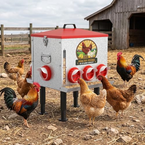 55LB Large Automatic Chicken Feeder with View Window & No-Waste Food Tray | 8 Feeding Ports Galvanized Steel Raised Chicken Feeder with Waterproof Locking Lid & Height Adjustable Stand for Ducks, Geese