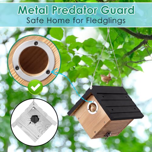 Dreyoo 2 Pack Wren House, 1-1/8'' Entrance Hole Hanging Wooden Wren Bird Houses for Outside with Metal Guard, Air Vents, Pine Wood for Chickadees (Black,Burnt Wood Color) - color: Black, Burnt Wood Color
