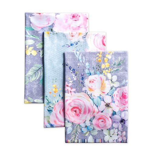 Maison d' Hermine Kitchen Towels Set of 3 Reusable 100% Cotton 27.50" x 20" | Cloth Tea Dish Towels Absorbent with Hanging Loop for Kitchen Dining Party Home Spring Summer - Sweet Rose Lavender - Lush - color: 033 - Sweet Rose Lavender - Lush