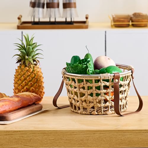 Farmhouse Wicker Egg Basket for Collecting Fresh Eggs, Round Storage Basket with Handle, Brown, Sea Grass - color: Round-Water Hyacinth