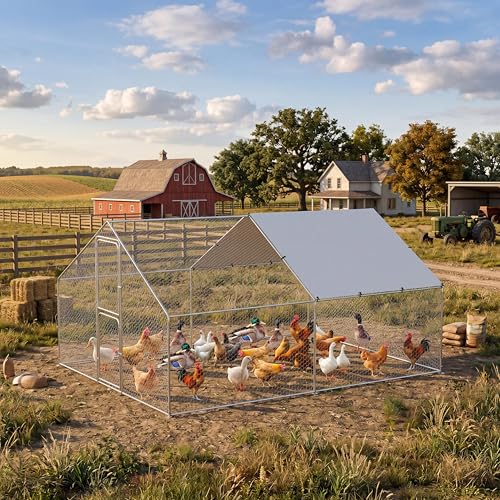 Takywep Walk-in Metal Chicken Coop, 9.8×13.1×6.6FT Galvanized Poultry Cage with Spire Roof, Waterproof UV Cover & Dual Doors, Heavy Duty Large Hen House for Backyard Farm, Suitable for Duck Quail - size: 9.8' x 13.1' x 6.6'