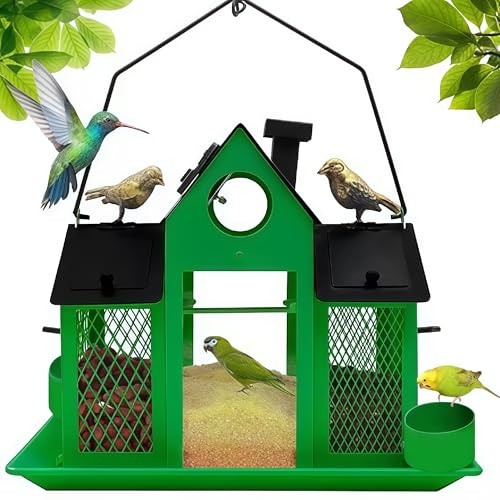 Solar Bird Feeders House for Outside Hanging, Metal Wild Bird Feeder for Outdoors Large Capacity Cardinal Birdfeeder Birdhouses Metal Bird Feeding Station Green - color: green