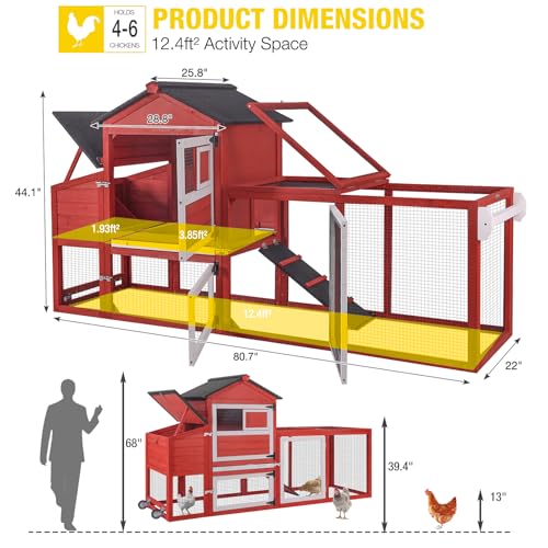 Aivituvin Large Chicken Coop with Wheels, Outdoor Hen House Mobile Poultry Cage with Run, Weatherproof Asphalt Roof, Sectionable Nesting Box, Leakproof Pull-Out Tray for 4-6 Chickens - Red