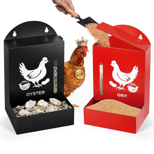 2 Pack Chicken Grit and Oyster Shell Feeder, Metal Oyster Shell Feeder with Visual Window and Lid, Hanging Gravity Chicken Grit Feeder, Chicken Coop Accessories for Healthier Hens and Eggs