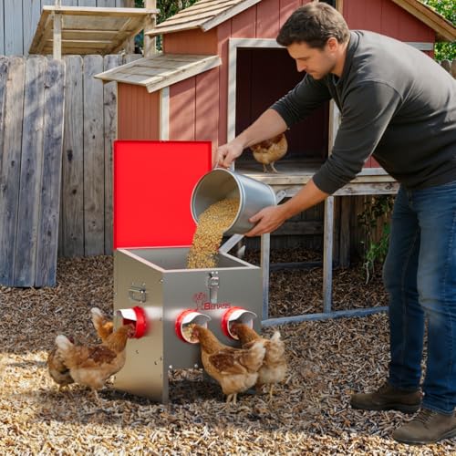 30LB Automatic Chicken Feeder, No-Waste Metal Poultry Feeder with 4 Ports, Predator-Proof Latch & Weatherproof Design, Includes Anti-Tip Ground Stakes & Vegetable Hanging Feeder - size: 30LB-4 Ports