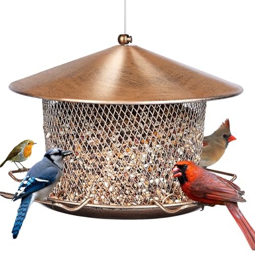 Bird Feeder for Outdoor Metal Hanging 9.8" Roof 4.5 LBs Capacity | Heavy Duty, Waterproof, Weatherproof, Rustproof, Chew Proof, 4 Feeding Ports and 4 Extra Perches, Easy to Clean & Refill