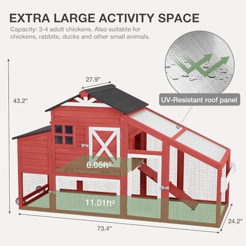 Mobile Chicken Coop with Wheels, Wooden Chicken House with Run, Large Hen Cage with UV Proof Roof and Leak-Proof Tray, Outdoor Chicken Coops with Nesting Box for 2-4 Chickens (Red)