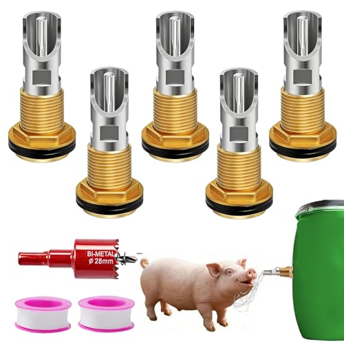 Pig Water Nipple, 5PCS Pig Nipple Waterer for Barrel Kit, Stainless Steel | Automatic Pig Nipple Water Drinker Feeder With Filter, Water System with Brass Tank Connector Kit for Piglets Goat Drink