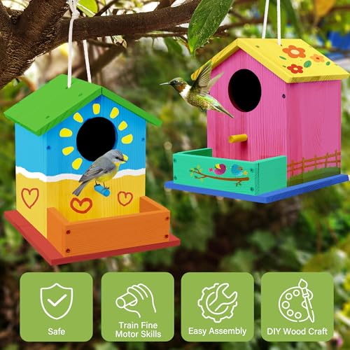 LotFancy Bird House Kit, DIY Wooden Birdhouse Kits, Arts and Crafts Painting Kits for Kids Ages 4+, Build and Paint, Including Paints & Brushes - style: Build a Bird House