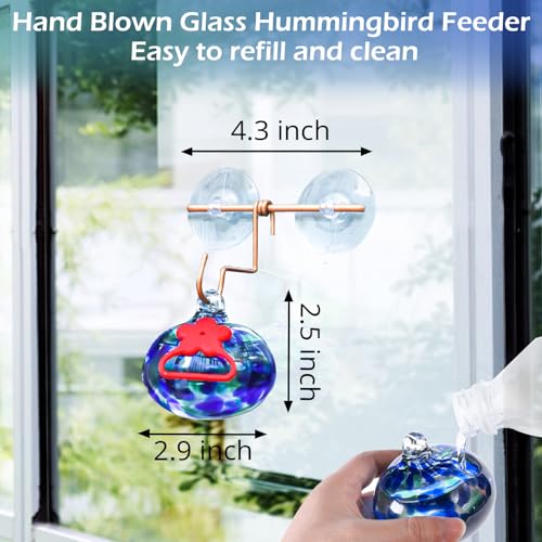Pozfun Window Hummingbird Feeder with Suction Cups,Hand-Blown Glass Hummingbird Feeders for Outdoors Window Mounted with Metal Hook,Close Bird Watching,Finch in Garden,Yard(Dotted Blue) - color: Dotted Blue