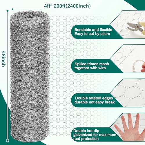 GlikCeil 48 in x 200 ft Chicken Wire Fencing Mesh, Metal Floral Chicken Wire for Floral Arrangements, 0.6 Inch Hexagonal Galvanized Poultry Netting for Garden, Coop Barrier, Duck Rabbit Cage(Silver) - color: Silver, size: 48 in X 200 ft