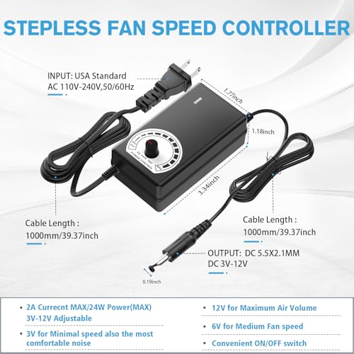 2 x 120mm 240mm Computer Fan with AC Plug 110V/220V to DC 12V Power Supply, Speed Controller 3V-12V Adjustable, for PC Case/Server/Cabinet/Workstation/Small Box Exhaust Cooling - size: 2x120mm