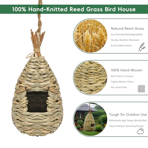 GUTE Hummingbird Houses 2Pcs Hand Woven Grass Hanging Bird Nest | Natural Hibiscus Grass,Hand-Knitted,Sturdy Shelter,Ventilated Cozy Design,Blends in Trees,Easy to Hang,Garden,Window. - color: Water Drop Shape, size: 2Pack