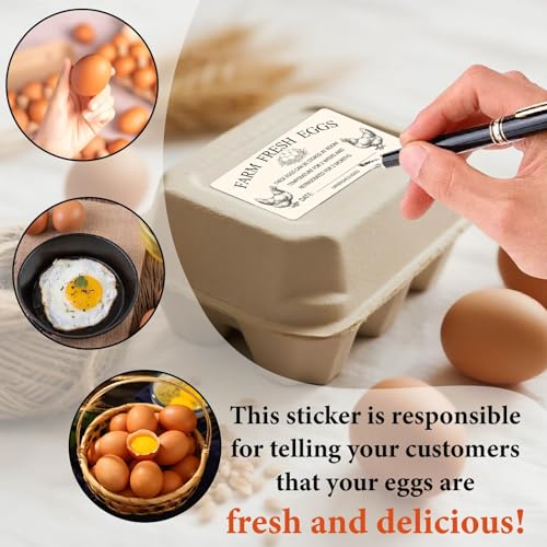 10 Sheets 60Pcs 4 x 2 Inch Farm Fresh Eggs Carton Labels Rectangle Self Adhesive Chicken Egg Stickers with Date Unwashed Packaging Handling Instruction Tags for Farmhouse Market Storage - color: Navajo White