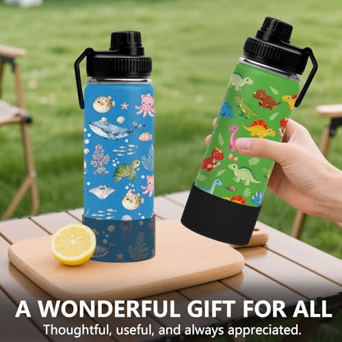 Dinosaur 18oz Water Bottle, with 2 Lids Handle, Insulated Sport Cup | 18oz Stainless Steel Travel Tumbler, Reusable Leak proof Anti Slip Boot Mug,Christmas Birthday Dinosaur Gift for Son - color: Dinosaur1