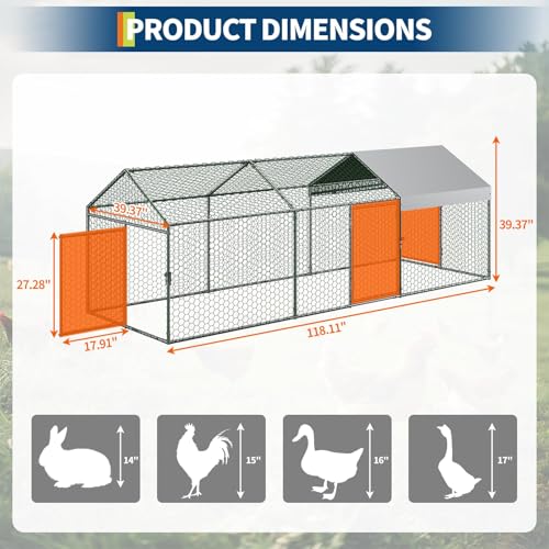 Garvee Metal Chicken Coop, Chicken Runs for Yard with Waterproof and Anti-UV Cover, 3 Door Portable Chicken Coop for Outdoor, Rabbit, Duck, Silver, 120"×40"×40"