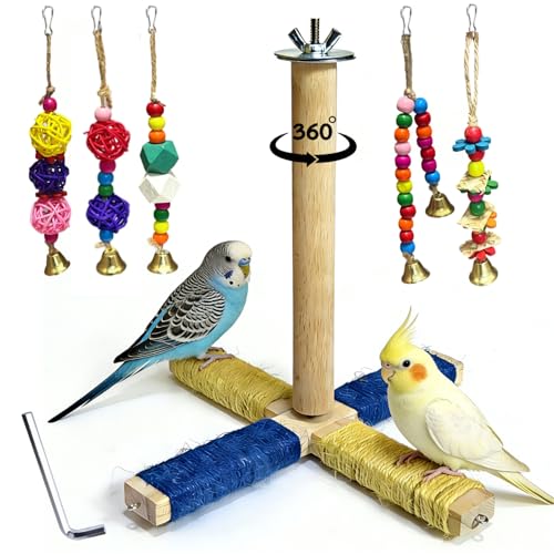 360° Rotating Bird Perch Stand - 4 Perches + 5 Colorful Chew Strand, Natural Bird Cage Accessories, for Small & Medium Birds Parakeets Cockatiels Lovebirds Budgies - color: Colorful