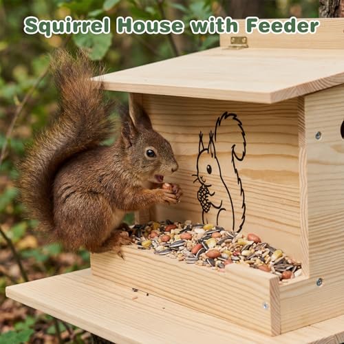 Squirrel House, Squirrel Box, Squirrel Houses for Outside, Squirrel Boxes with Front Feeder, Nesting Box, Wooden Houses with Predator Guard Design for Squirrels, Chipmunk and Small Animals