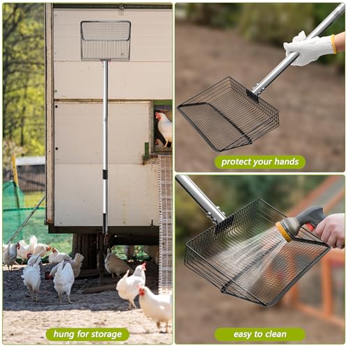 Windspeed 3 in 1 Metal Chicken Poop Scooper 10'' Wide, 61'' Long Adjustable Chicken Coop Pooper Scoop Sifting Shovel Litter for Poultry Litter Scooper Supplies (34-61 in)