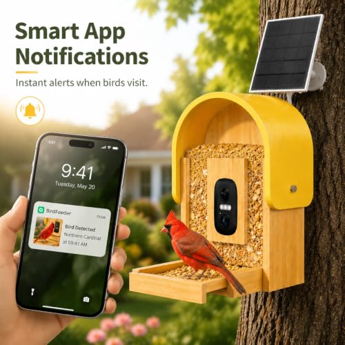 Smart Bird Feeder Camera, 2K HD Solar Powered, AI Bird ID, 2.4GHz WiFi | Solar smart bird feeder with 2K camera, AI bird recognition, app alerts, 2.7L capacity and natural bamboo design.