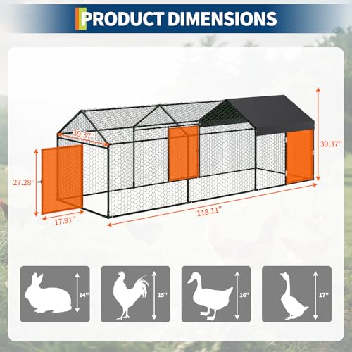 Metal Chicken Coop with Waterproof and Anti-UV Cover, 120" x40" x40" Chicken Run with 3 Doors, Outdoor Chicken Coop for Yard, Walk in Poultry Cage for Rabbit Duck Goose, Black
