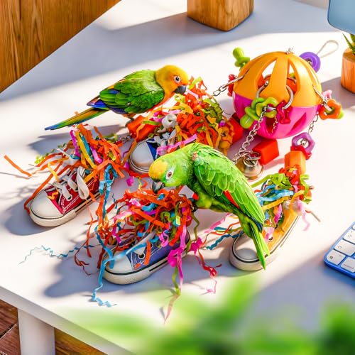 Bird Toys, Parrot Pullable Colorful Chew Sneakers Acrylic Stick Chew Toys for Amazons Mini Macaws African Greys Cockatoos Conures,Cockatiels, Lovebirds，Parrotlet，Eclectus (Pink and Yellow) - color: Pink and Yellow
