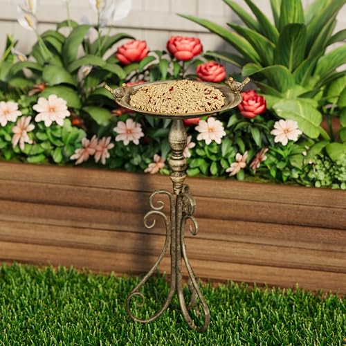 24" Vintage Metal Bird Bath Bowl with Stand | Pedestal Birdbath with Cast Iron Birds, Antique Brass Feeder for Garden, Patio, Backyard & Lawn