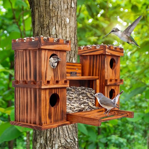 MIXUMON Castle-Style 4 Room Wooden Birdhouse with Large Center Feeder, Outdoor Multi-Room Bird House for Garden & Backyard, 1.57" Entrance Hole, Easy-Clean Access Doors, Twin Tower Decorative Design