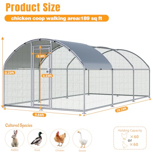 Large Metal Chicken Coop, Chicken Runs for Yard with Cover Walk-in Poultry Cage for 10 20 Chickens, Chicken Pen Duck Coop Hen House with Round Water-Resident Top and Feeding Door 19.2Lx9.84Wx6.23H FT - size: 230.3"L x 118.1"W x 74.8"H