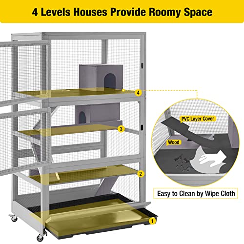 Aivituvin Chinchilla Cage Large Rolling Small Animal Cage for Adult Rats, 4 Level Ferret Cage Hutch for Ferret Bunny Indoor- Deluxe Home for Pets (Grey)