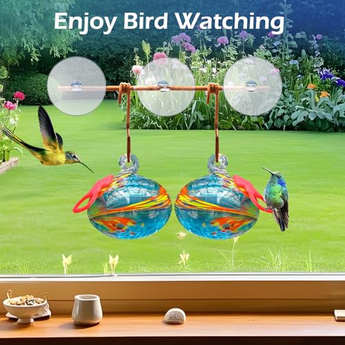 Pozfun Set of 2 Hummingbird Feeders for Outdoors Hanging,Hand-Blown Glass Hummingbird Feeder with Silicone Feeding Perch,Never Leak,Gardening Gifts for Woman Man - color: Blue