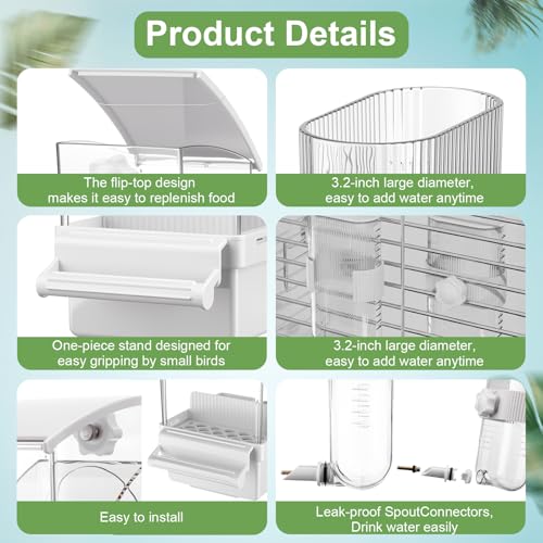 Novabright No Mess Bird Feeder Water Dispenser Set, Automatic Transparent Bird Food Container and 12 oz Automatic Water Feeder for Small Birds Parrot, Cockatoo, Canary, Cage, Lovebird, Budgies(White) - color: White