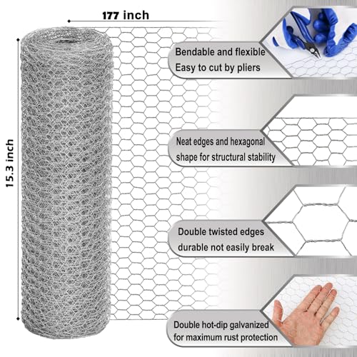 Fabulas Chicken Wire Fencing Mesh, 15.3 x 177 Inches Metal Floral Wire Fence for Crafts Poultry Garden, Hexagonal Galvanized Hardware Cloth Netting for Chicken Coop Barrier Rabbit Cage - size: 15.3in x 177in