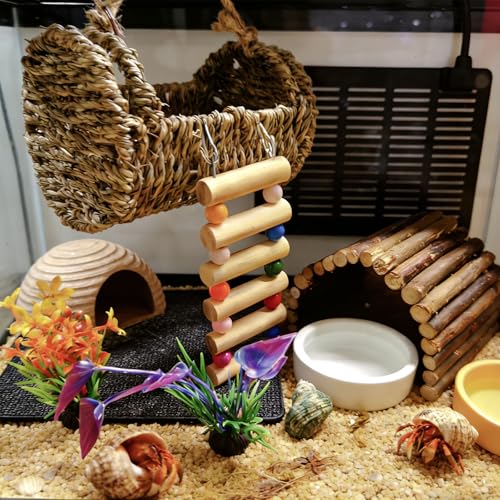 Hermit Crab Hideout with Ladder, Lizard Climbing Toys, Hermit Crab Hut with Aquarium Plants, Reptile Habitat for Gecko Hamsters Rats Birds