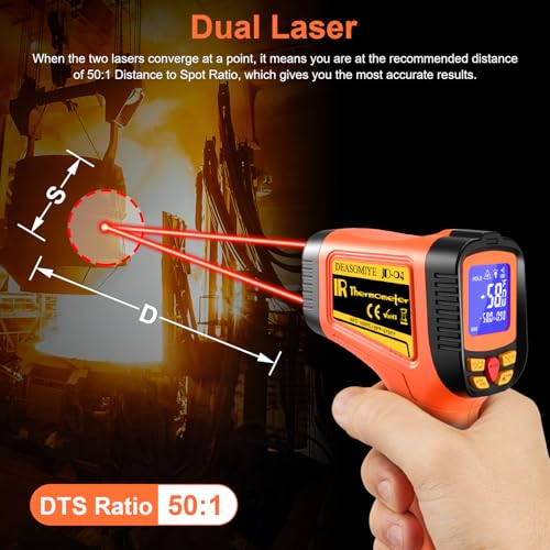 -58°F to 2732°F Digital Infrared Thermometer Gun, 50:1 Distance Ratio Laser Temperature Gun with MAX/MIN/AVG Measure and Alarm, Heat IR Temp Gun for Cooking, Griddle, HVAC, Industrial Forging - color: Coral