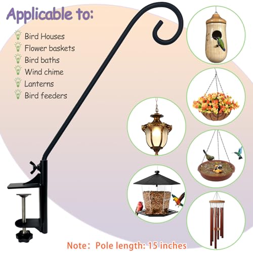 Heavy Duty Deck Hook,360 ° Rotating Design,Pole 15”Long Metal Deck Railing Hooks for Hanging Bird Feeders,Planters,Suet Baskets,Lanterns,Wind Chimes,Clamp Mounted,Only Deck Hook