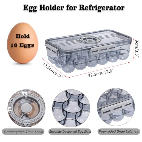 BSTKEY Egg Holder for Refrigerator, Egg Container with Time Scale, Egg Holder with Lid for Kitchen Storage, Stackable Tray for 18 Eggs - size: Hold 18 eggs